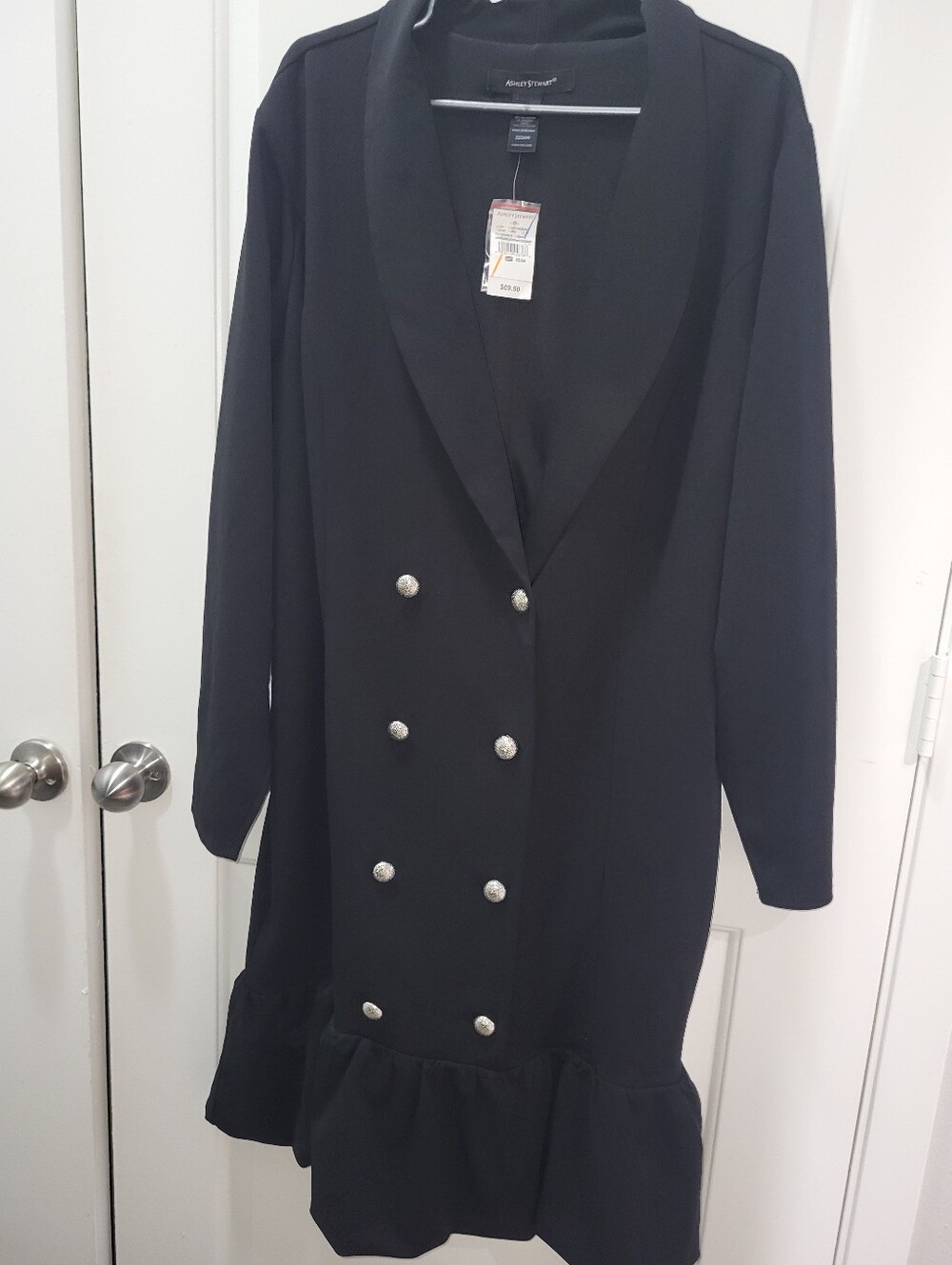 Ashley Stewart Black Double-Breasted Long Sleeve Dress with Ruffle Hem